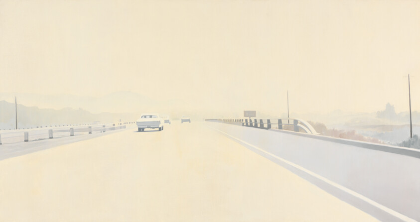 Two cars drive along a sunlit, hazy highway overpass disappearing into soft fog.
