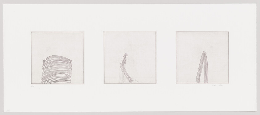 Three square panels show simple curved, stacked, and arching pencil strokes forming abstract shapes on white.