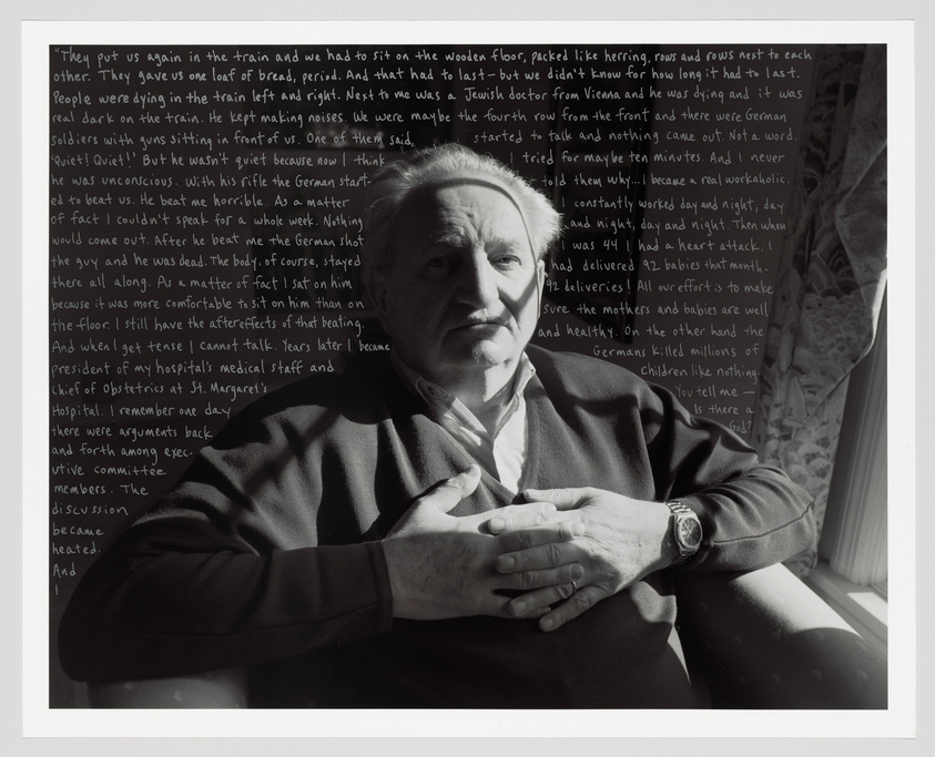 A old man sits with his arms across his chest aganist a background with a quote of his experince with the holocaust