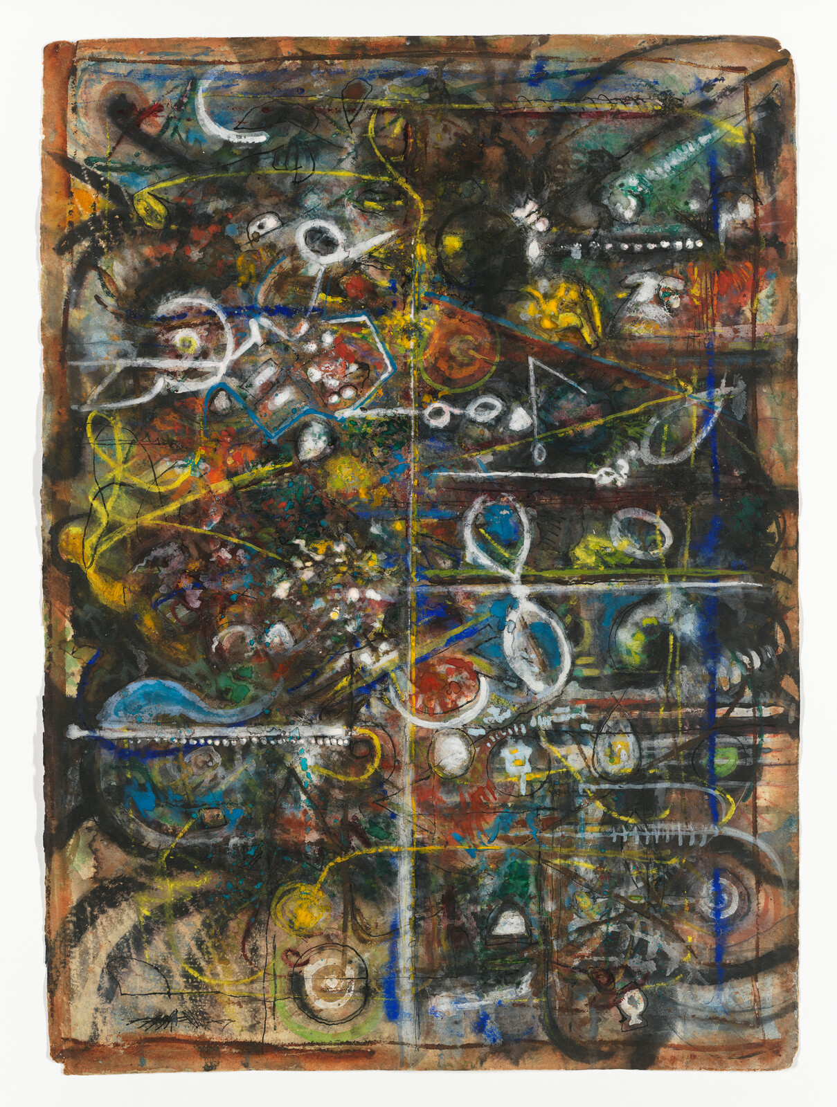 Abstract mixed-media painting with colorful swirls, white loops, and intersecting grid lines.