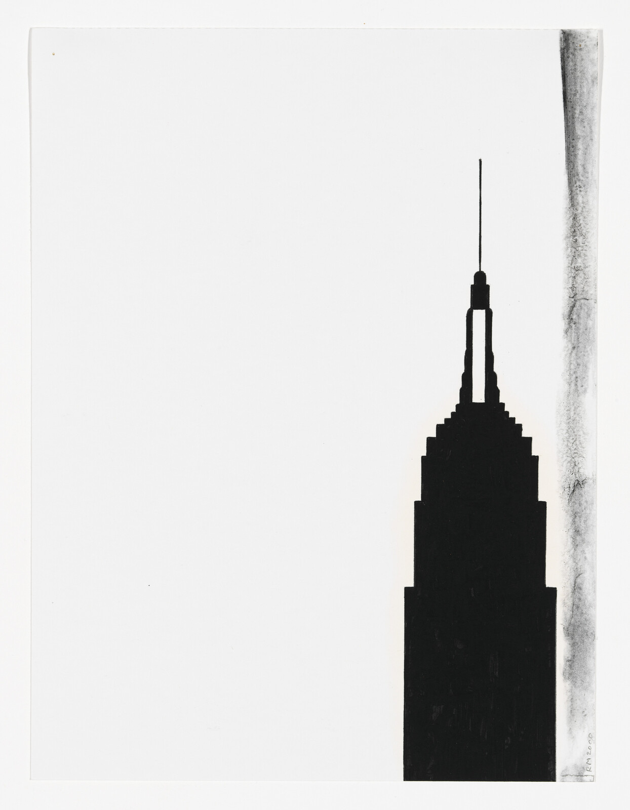 A black silhouette of a tall skyscraper spire stands at the right edge of a blank white page.