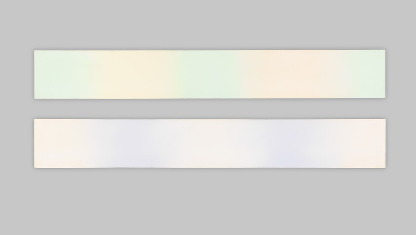 Two long horizontal gradient bars, one pale greenish at top and one pale bluish at bottom, on gray background.
