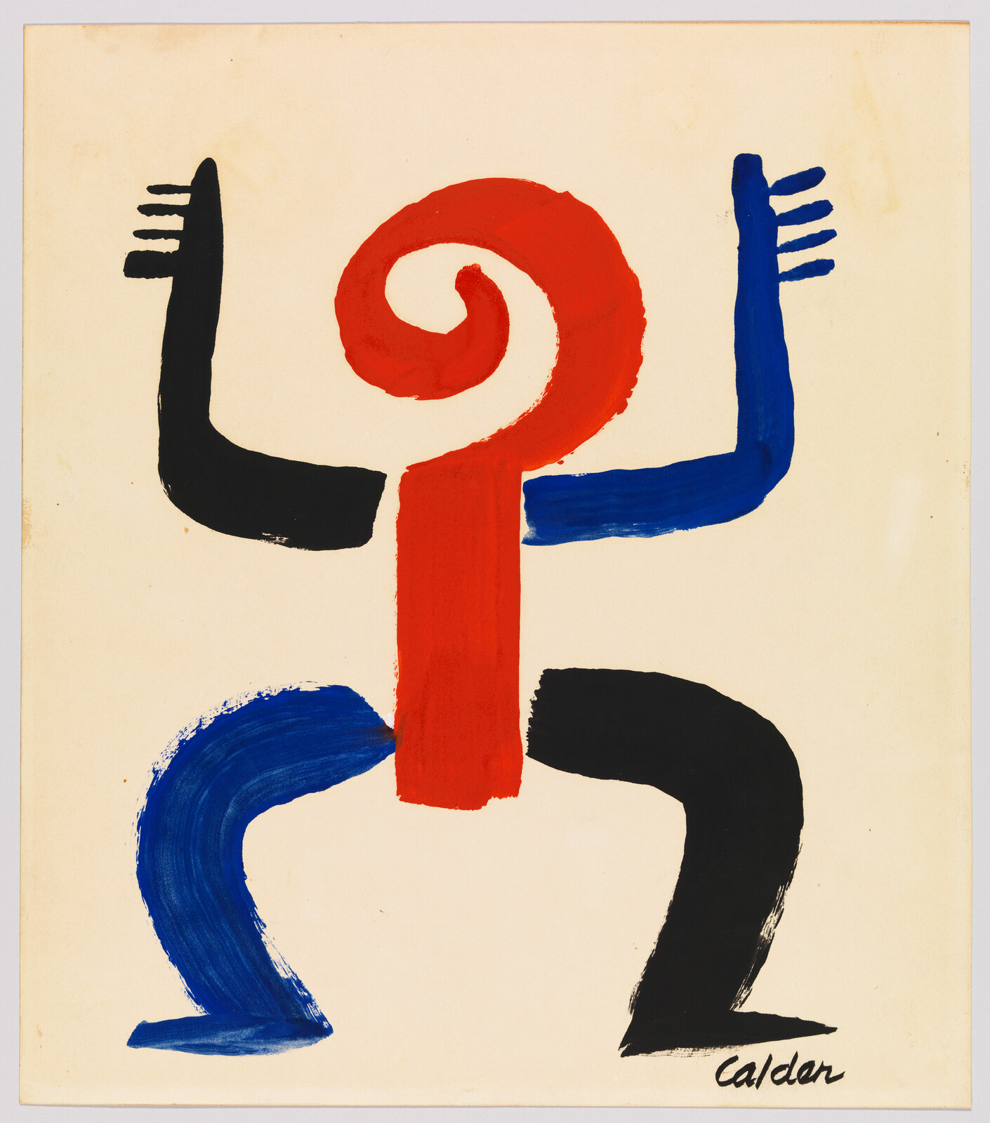 Abstract humanoid figure with a red spiral head and raised blue and black limbs.