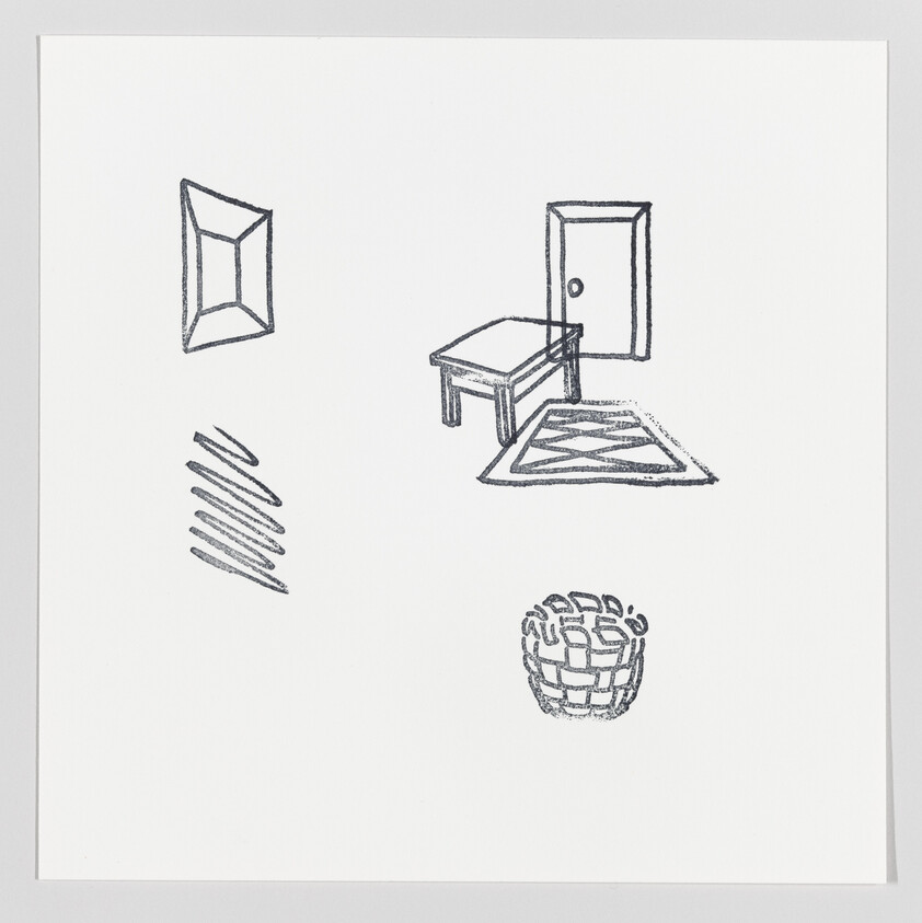 A hand-drawn sketch featuring a collection of objects: an open cube, a desk with an attached shelf, a door partially ajar revealing a patterned rug behind it, a series of parallel lines, and a woven basket. The drawing is in black ink on a white background.