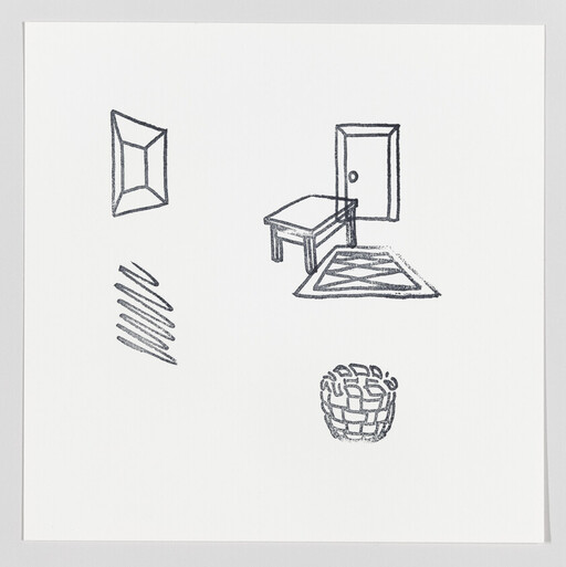 Small room sketch shows a table near an open door, rug, picture frame, and basket.
