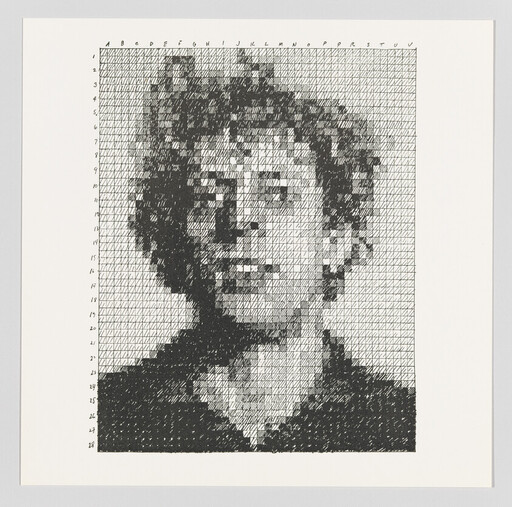 Black-and-white portrait of a woman's head and shoulders formed by a numbered and lettered grid of crosshatching.