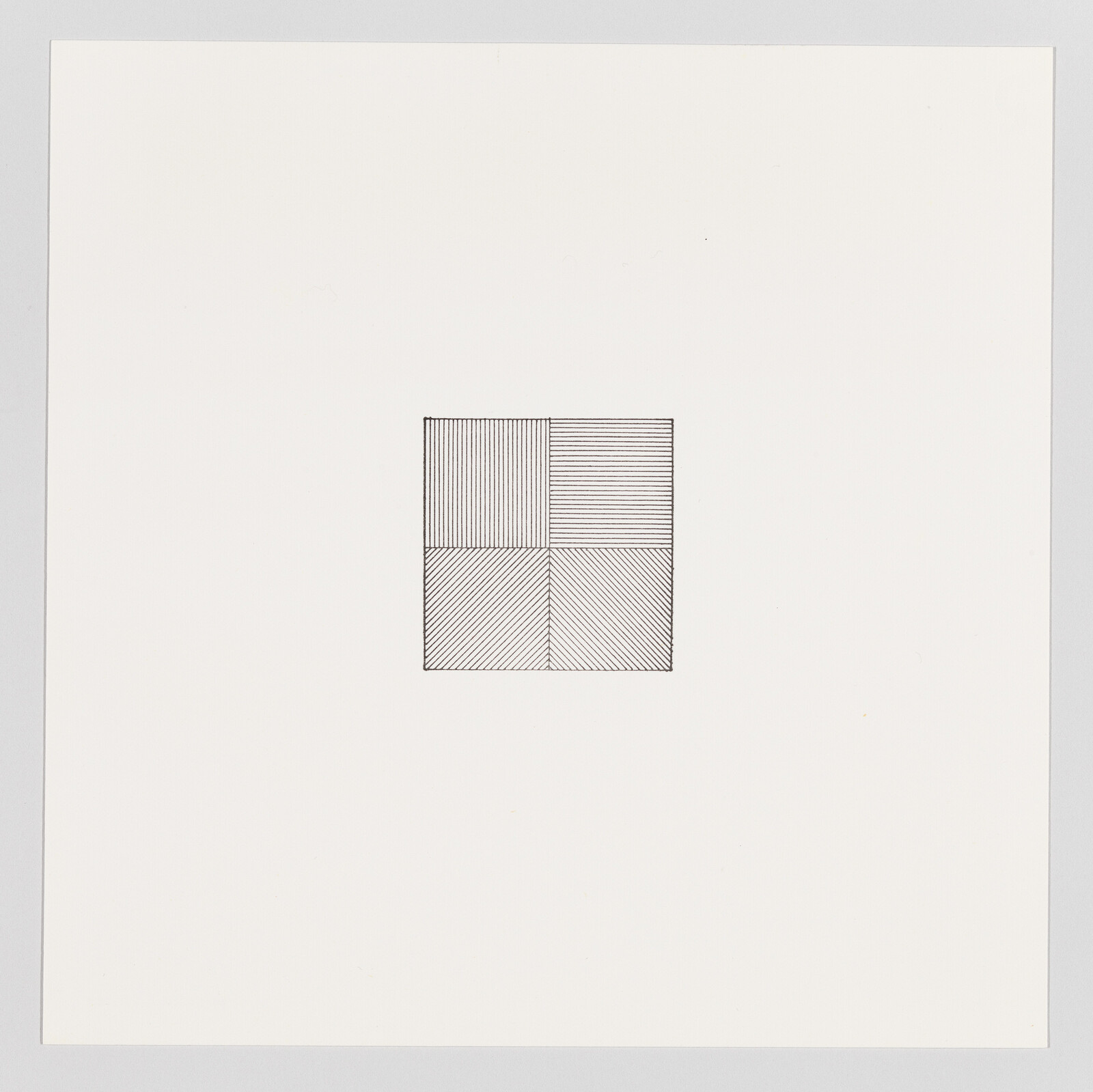 A minimalist graphic artwork featuring a square divided into four smaller squares, each filled with closely spaced parallel lines in different orientations, on a plain white background.