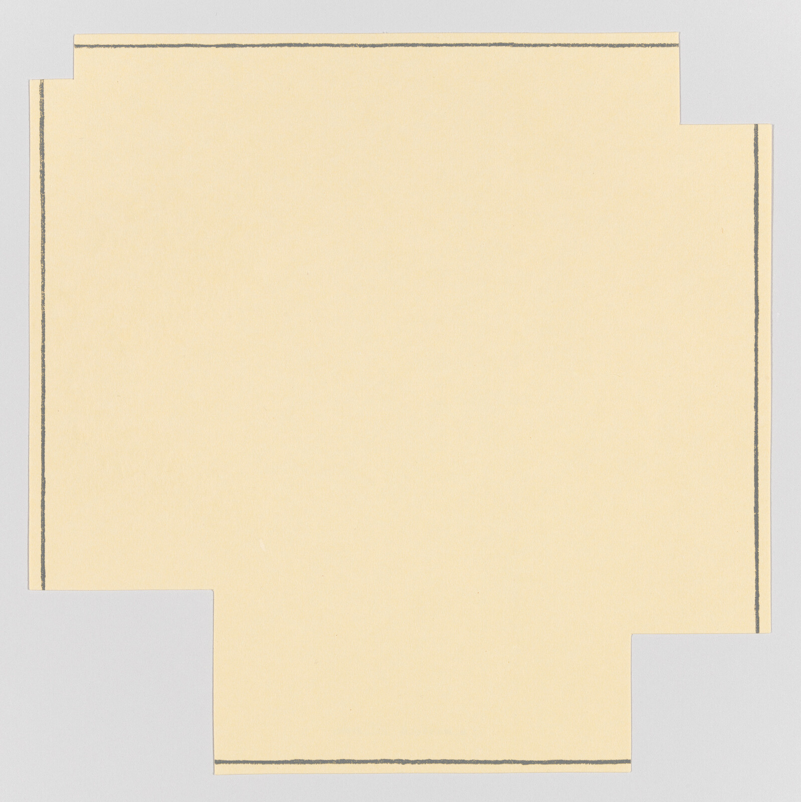 A blank beige paper with a slightly darker border, displayed against a light gray background with two cut-out notches on the bottom and right side, creating a non-rectangular shape.