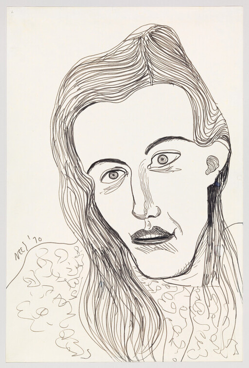 Pen drawing of a woman with long flowing hair and wide, expressive eyes.