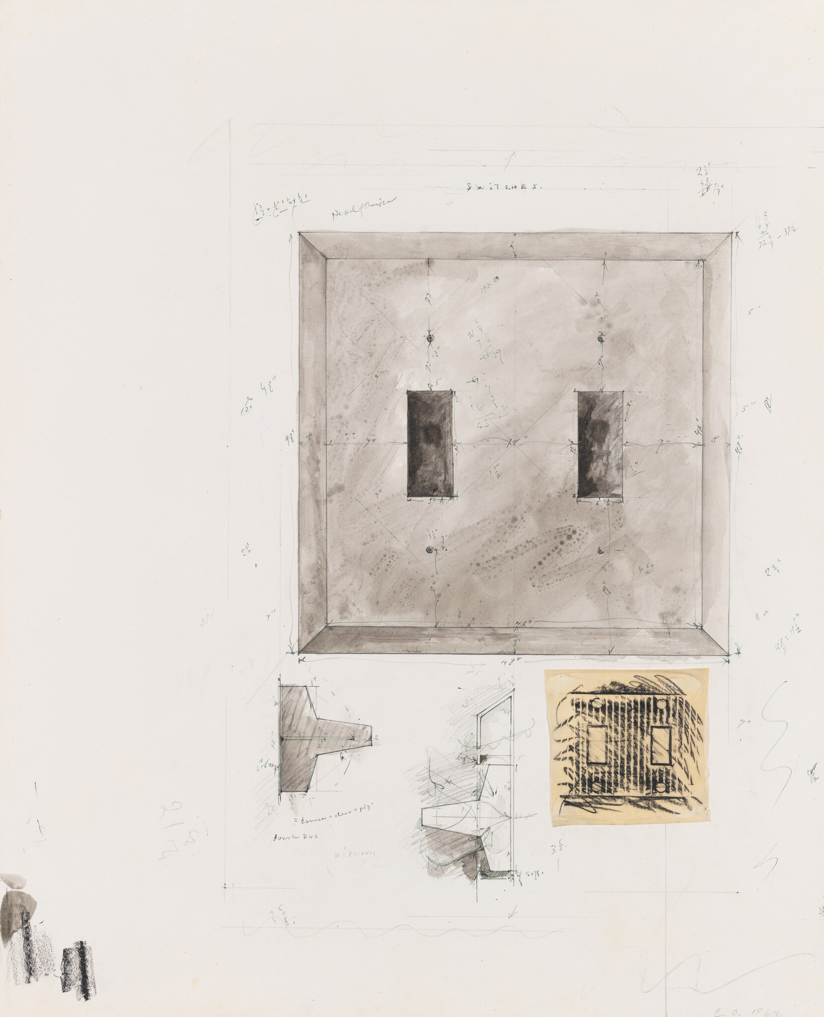 Architectural sketch with measurements, featuring a rectangular structure and two smaller detailed sections below.