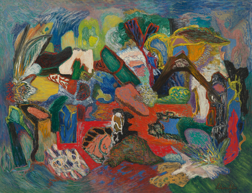 Colorful abstract composition with layered organic shapes, sweeping brushstrokes, and textured patches across the canvas.