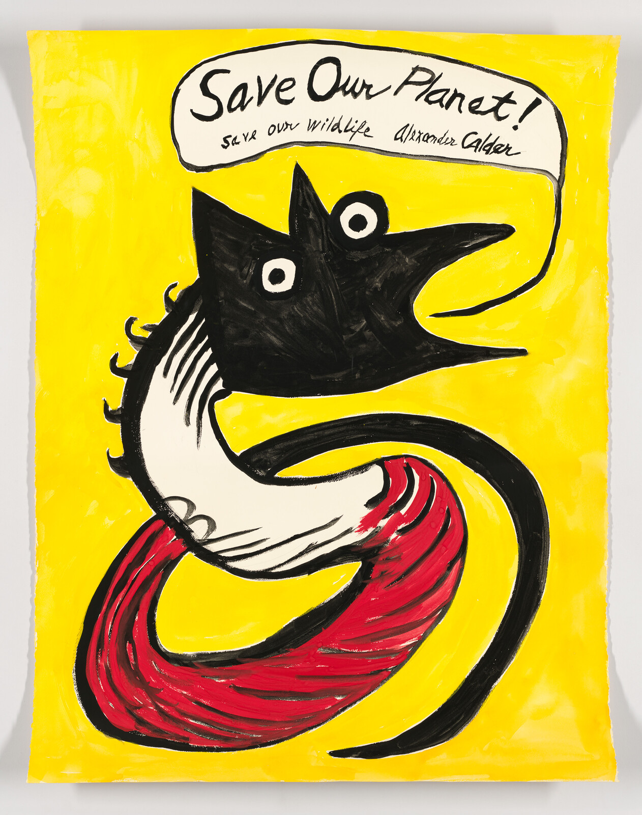 A bold black bird-like creature on a yellow background calls out "Save Our Planet!".