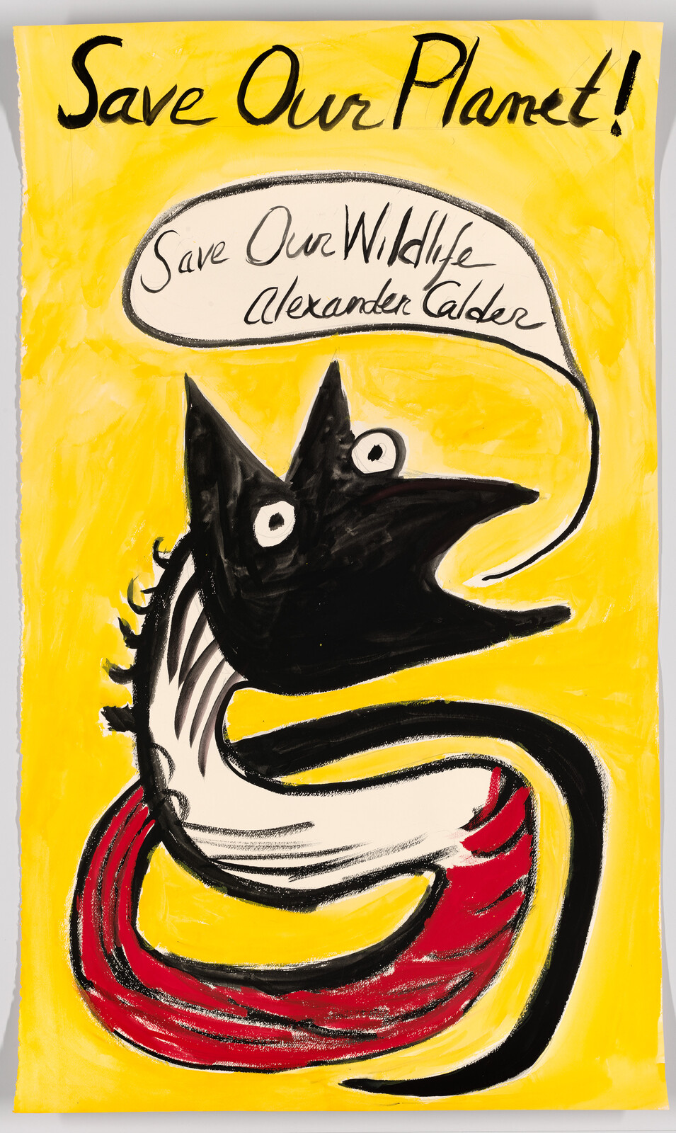 Bright yellow poster with a bold black bird illustration and the words "Save Our Planet!" urging action.