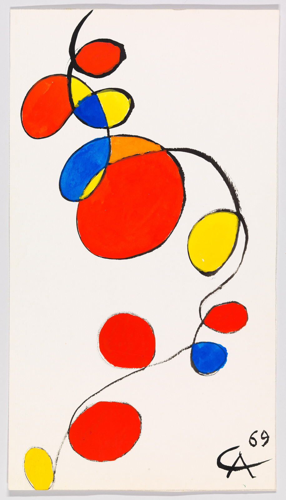 A vibrant abstract painting featuring a series of interconnected, colorful shapes. Bold black lines outline red, blue, and yellow organic forms that overlap and float against a white background. The composition is playful and dynamic, with a signature and the year '69 in the bottom right corner.