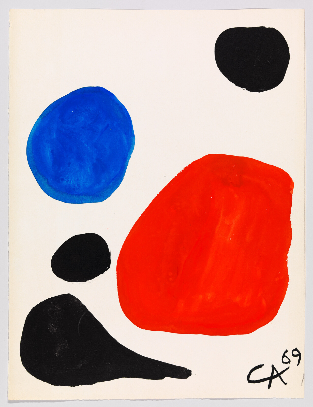 A colorful abstract painting featuring a large red blob on the right, a blue circle on the left, and several black shapes of various sizes and forms scattered across a white background. The artist's signature and the year '69 are inscribed in the bottom right corner.