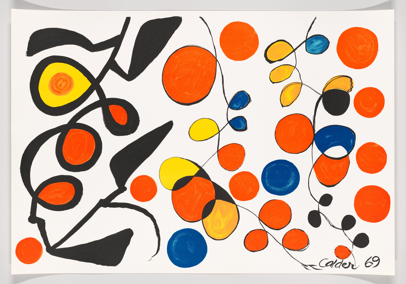 A vibrant abstract painting featuring bold black lines and shapes intermixed with brightly colored circles in yellow, orange, blue, and red. Some circles are solid while others have concentric rings or segments. The artwork is signed "Calder 69" in the bottom right corner.