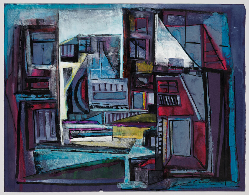 Abstract geometric painting with layered building shapes and bold blue, red, and purple tones.