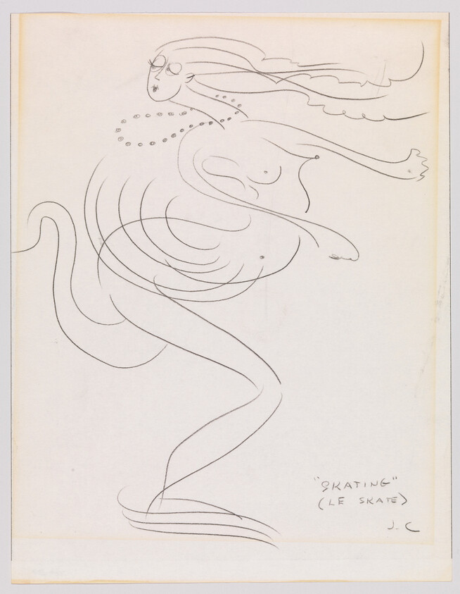 A stylized woman wearing a necklace gracefully ice skates with flowing hair and looping lines.