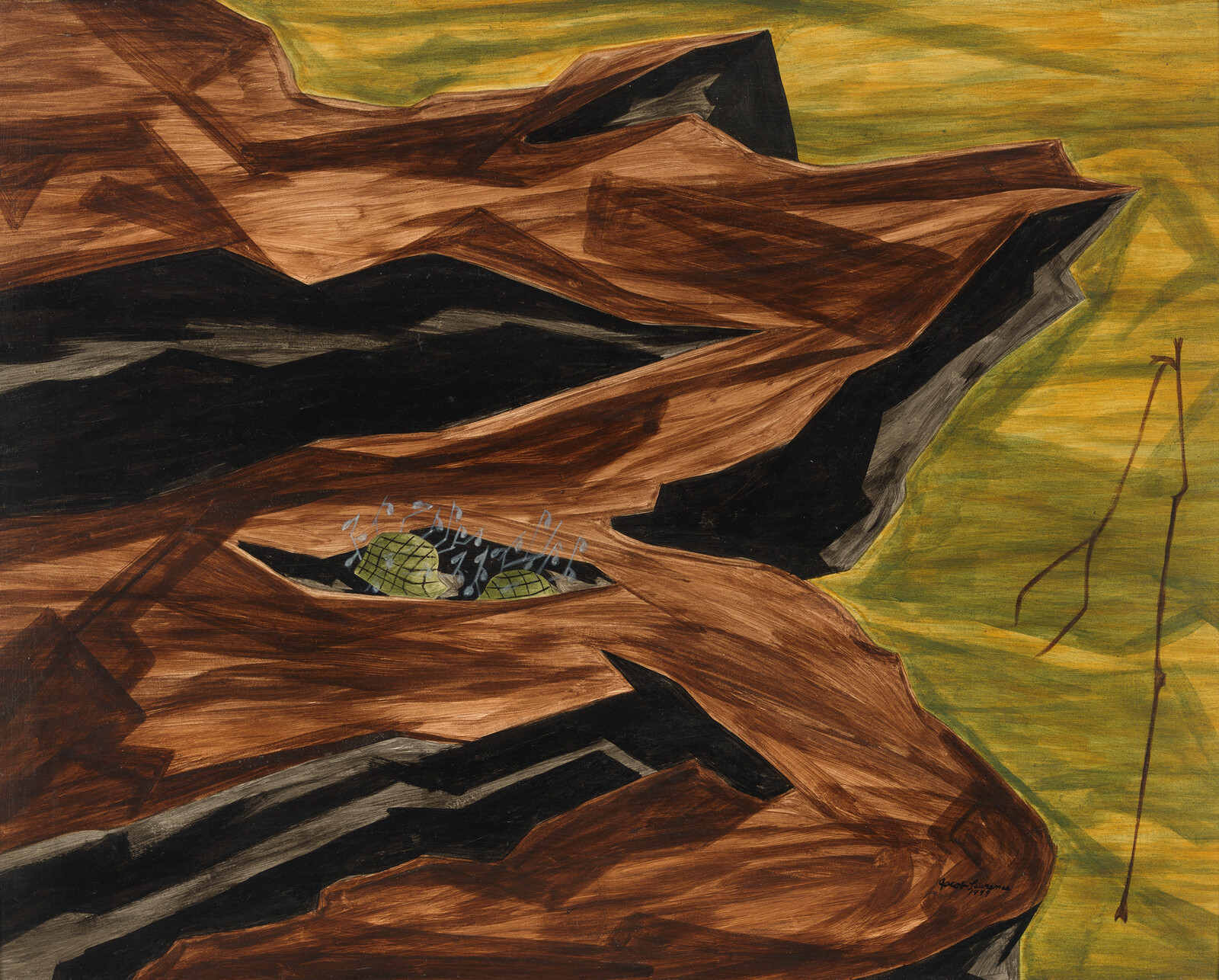 Abstract painting with brown and black shapes resembling rocks, and green leaves with blue markings.