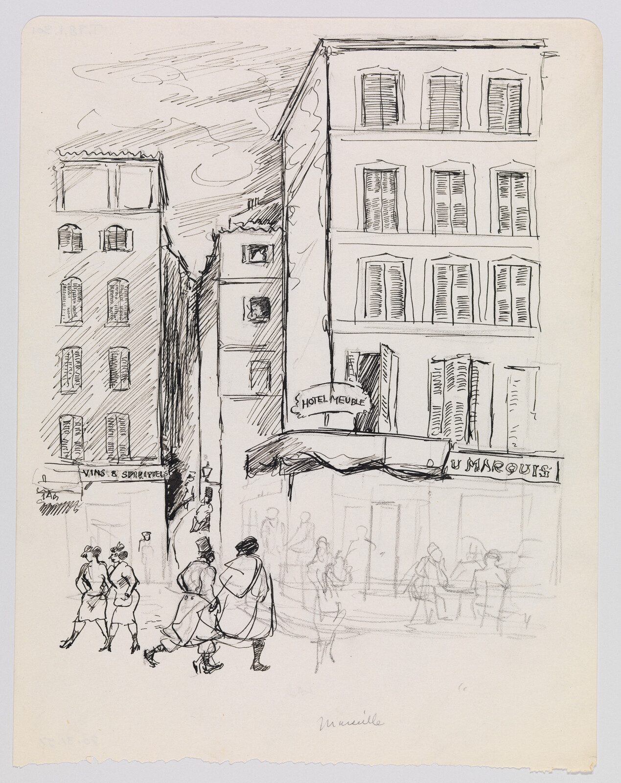 Three women walk past a café and tall buildings with a "Hotel Meuble" sign.