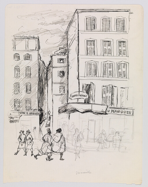 Three women walk past a café and tall buildings with a "Hotel Meuble" sign.