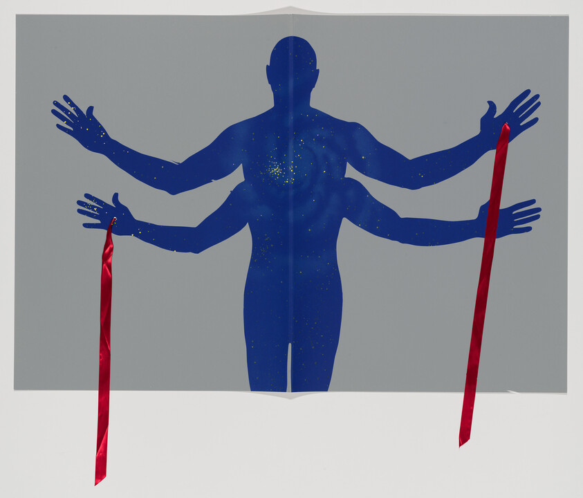A blue human silhouette with four arms holds two red ribbons against a gray background.