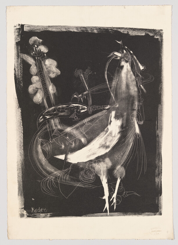 A large stylized rooster with sweeping white brushstrokes and abstract musical shapes on a dark background.