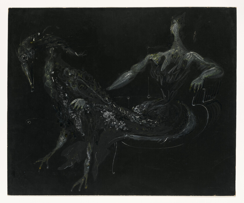 A dark, surreal creature with a birdlike head and a humanoid torso reclining against its tail.
