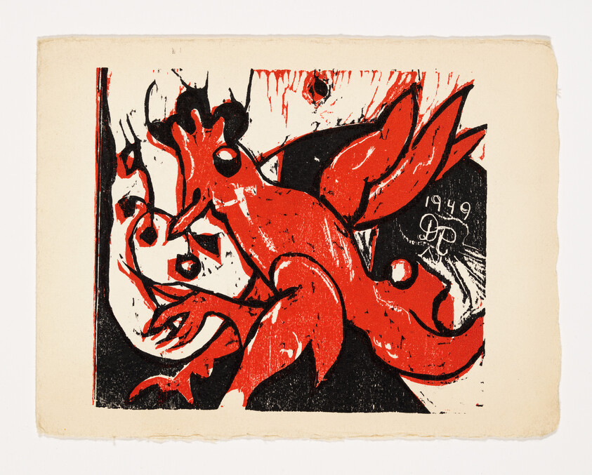 Red stylized fox with multiple tails in bold black and red graphic composition.