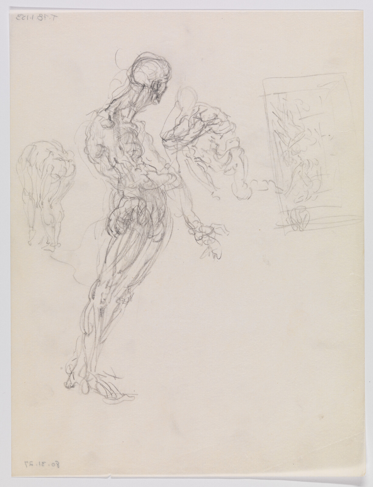 Tall anatomical pencil sketch of a standing male figure leaning forward toward a smaller seated figure.