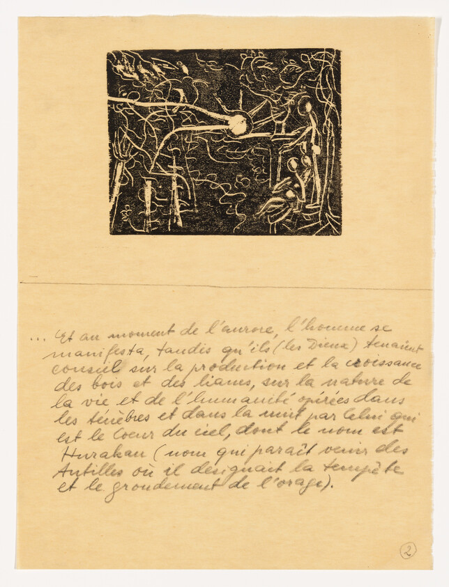 Black woodcut showing a sun amid tangled branches above a page of handwritten French text.