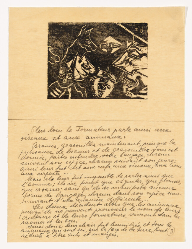 Woodcut showing stylized animal faces above handwritten French text on yellowed paper.