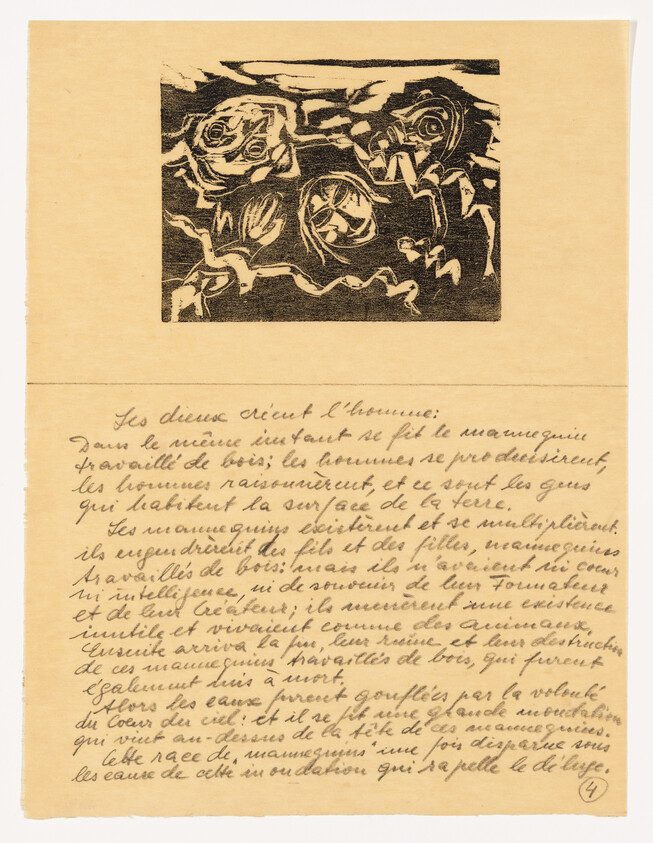 Abstract woodcut of three stylized faces above a page of handwritten French text.
