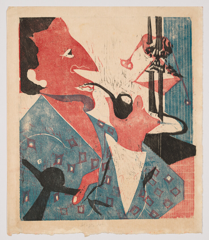 Two stylized people wearing patterned blue robes smoke pipes while facing each other.