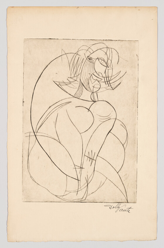 Abstract continuous-line drawing of a seated woman with curved overlapping contours and angular facial features.