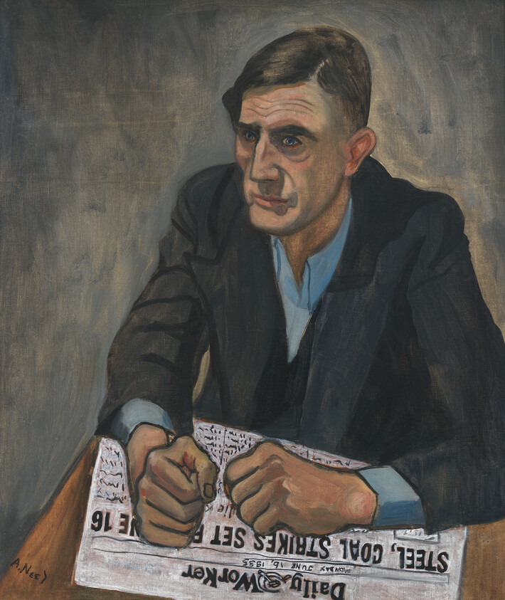 A seated man looks pensive with clenched fists resting on a newspaper titled Daily Worker.