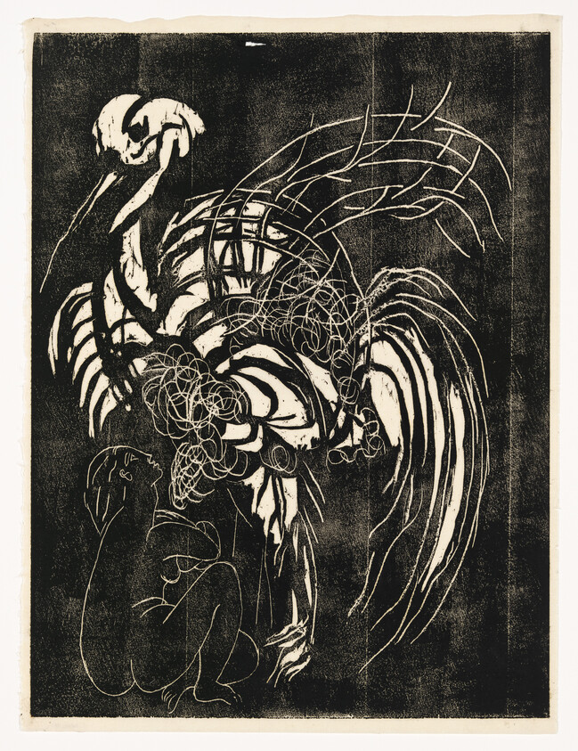 A large stylized bird towers over a crouching child, surrounded by tangled, flowing lines.