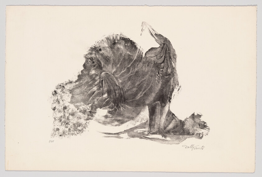 A dark charcoal sketch of a turkey with a fanned tail standing on a light background.