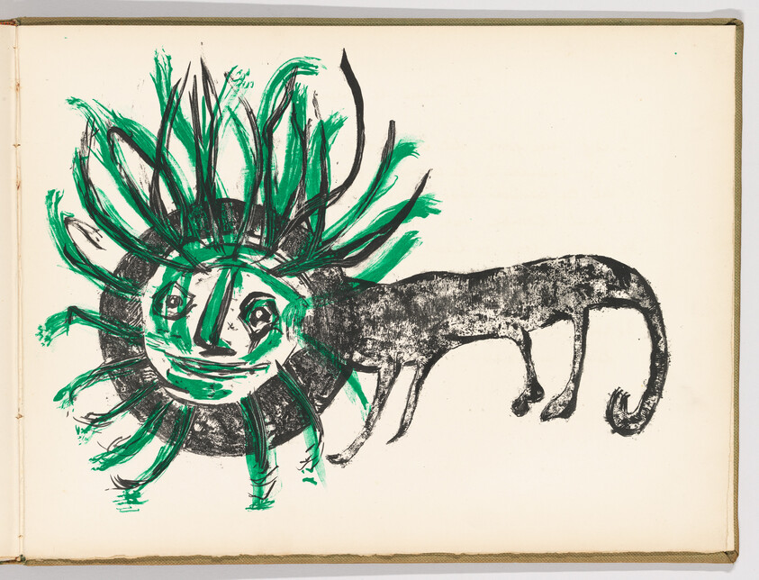 A hand-drawn creature with a smiling sun-like face and green rays attached to a long black catlike body.