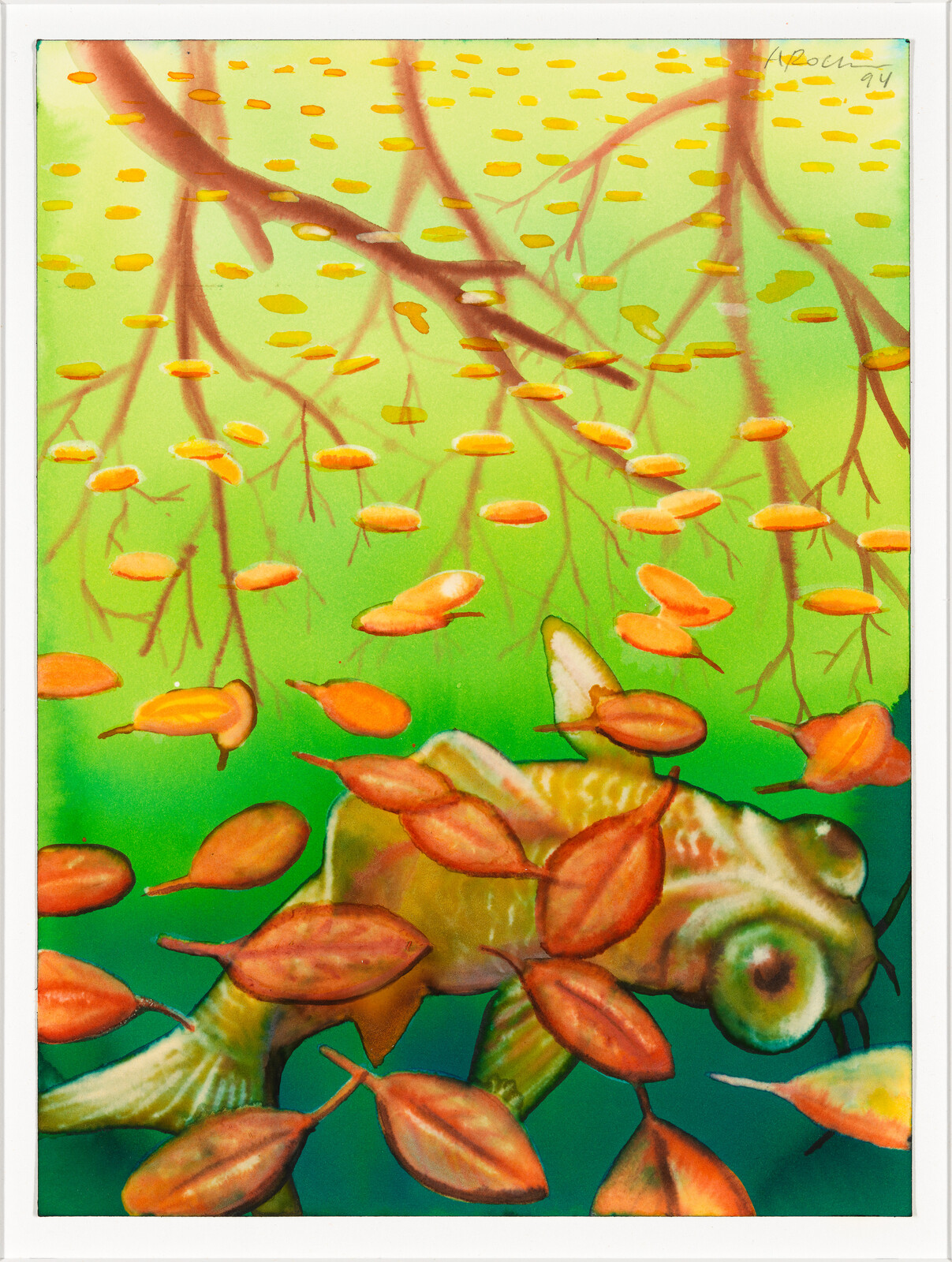 A large fish swims under branches among many orange leaves drifting in green water.
