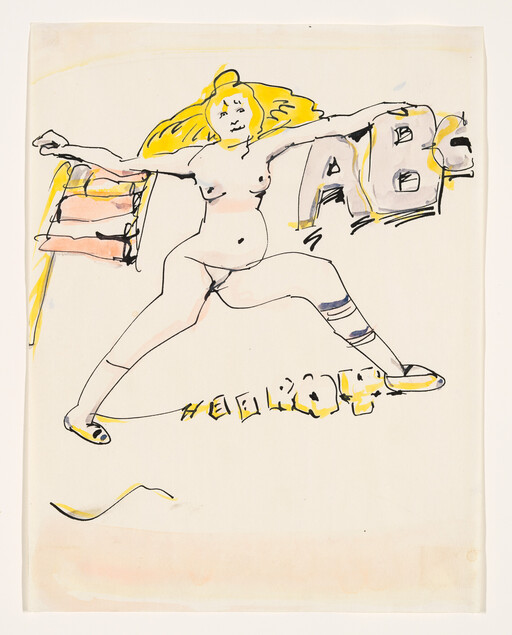 A loose ink and watercolor drawing of a nude woman leaping with arms outstretched.