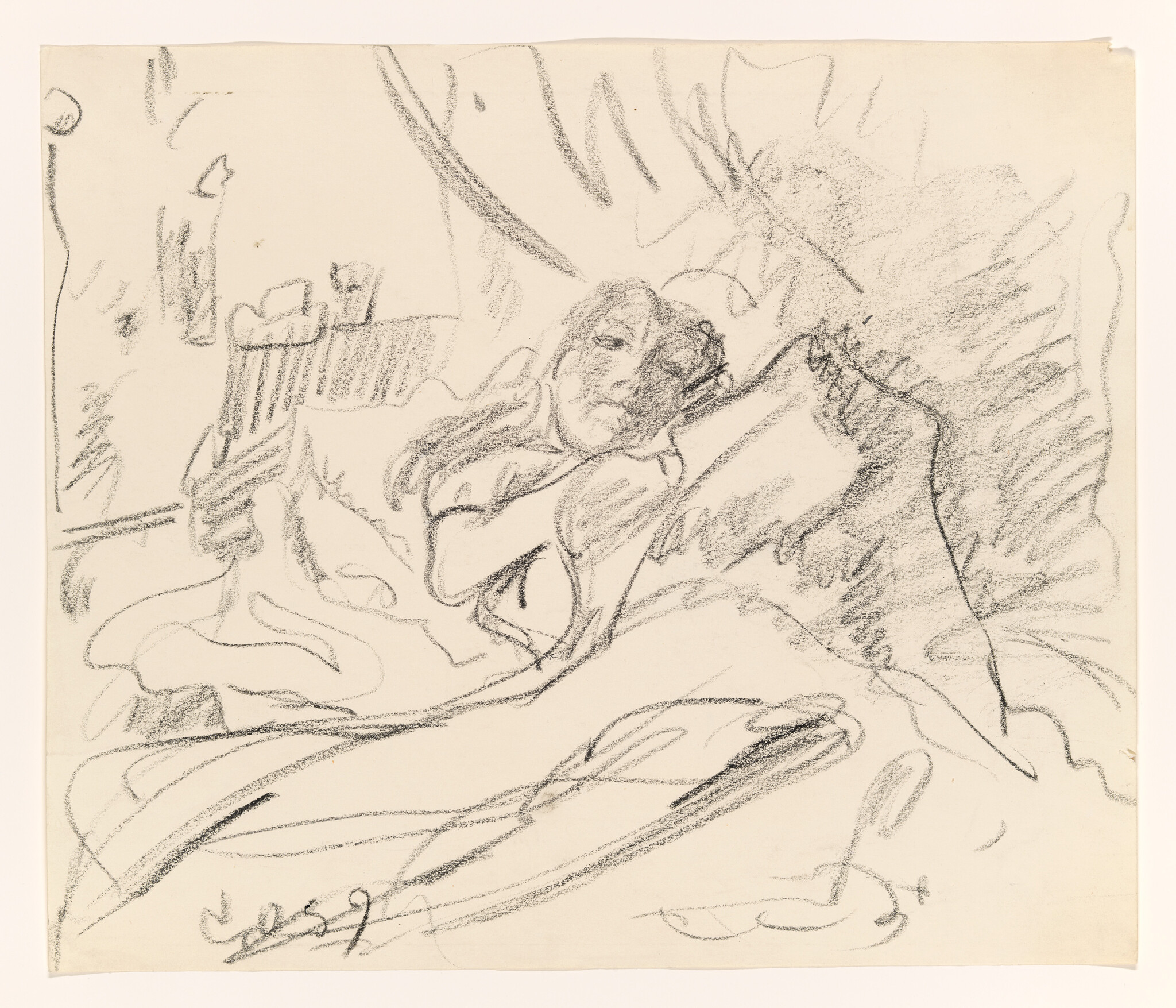 A woman reclines in bed, resting her head on a large pillow and blanket.