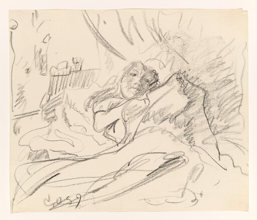 A woman reclines in bed, resting her head on a large pillow and blanket.