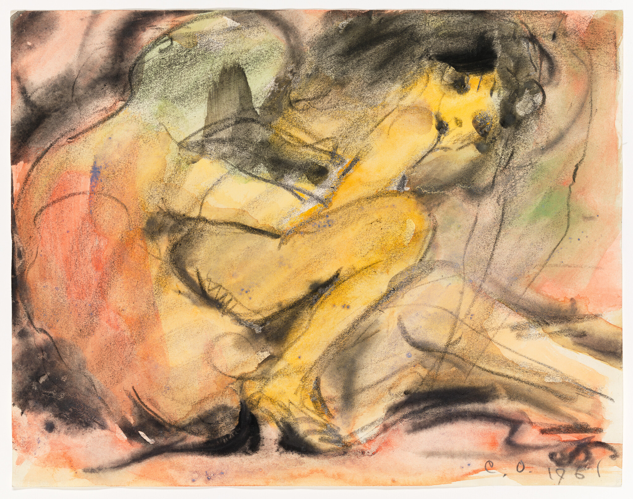 A loosely rendered crouching nude woman hugging her knees in warm watercolor and charcoal tones.