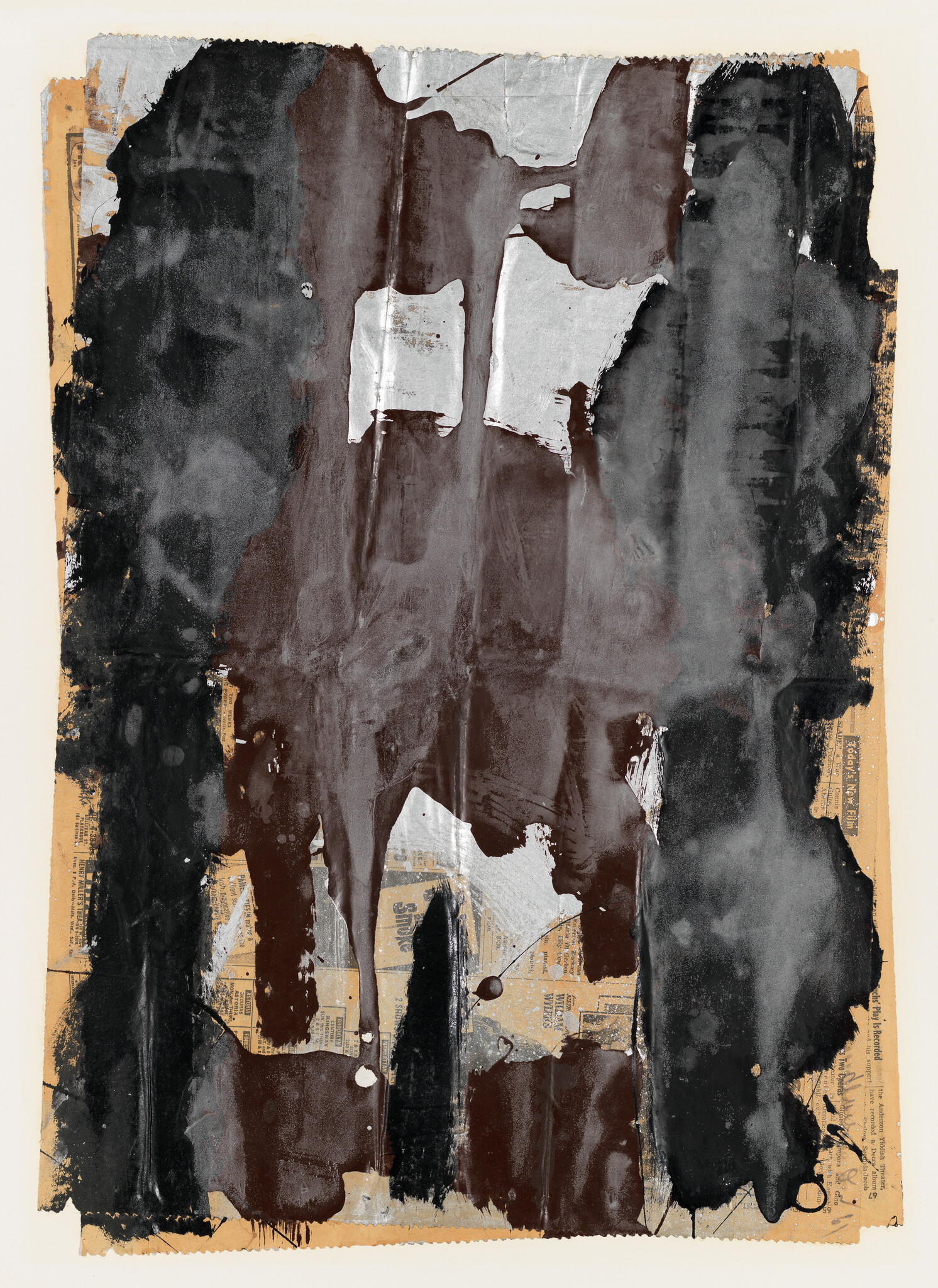 Abstract collage with torn newspaper background and large black and brown paint drips across the surface.