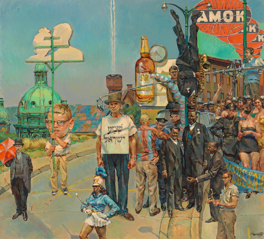 A crowded parade scene with diverse people, a man wearing a sign and an upside-down musician.