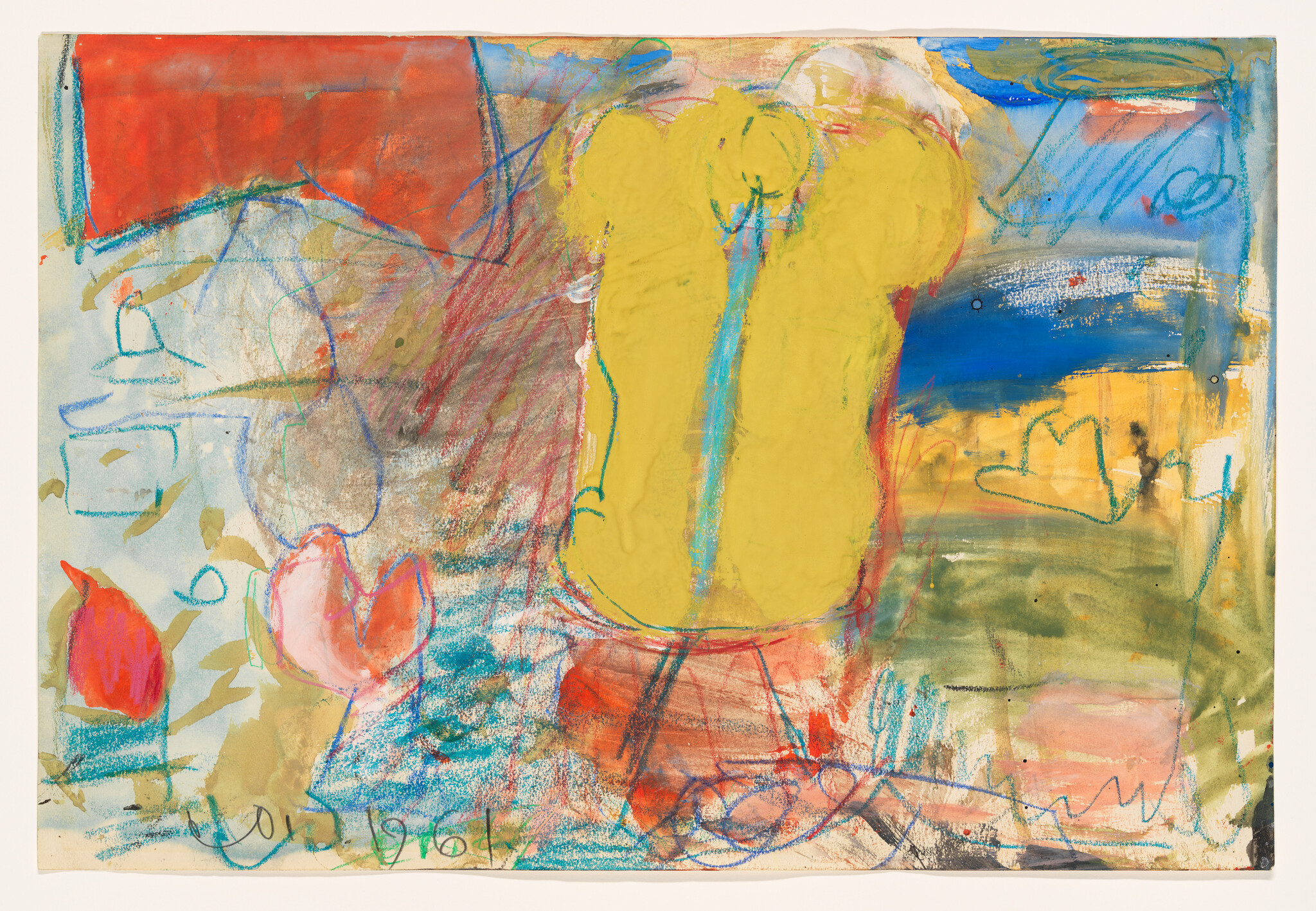 Large yellow abstract shape dominates a colorful mixed-media composition of scribbles and blue and red areas.