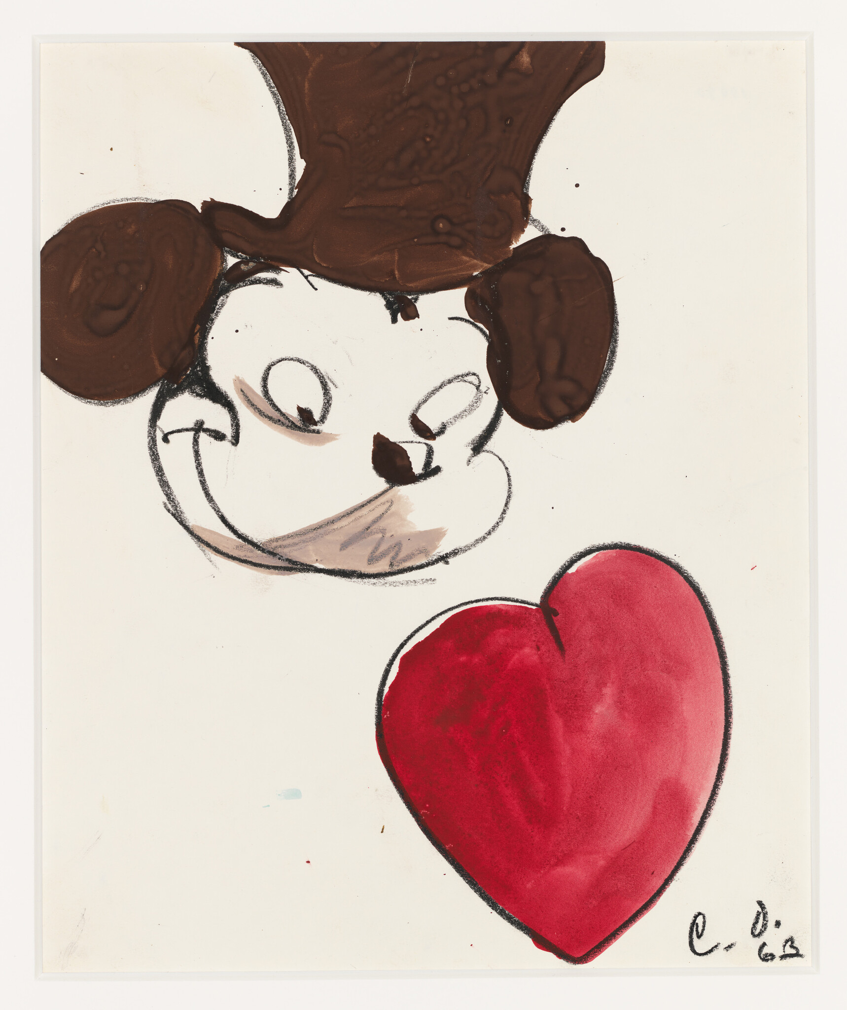 Cartoon mouse face sketched in brown and black looks down toward a large red heart.