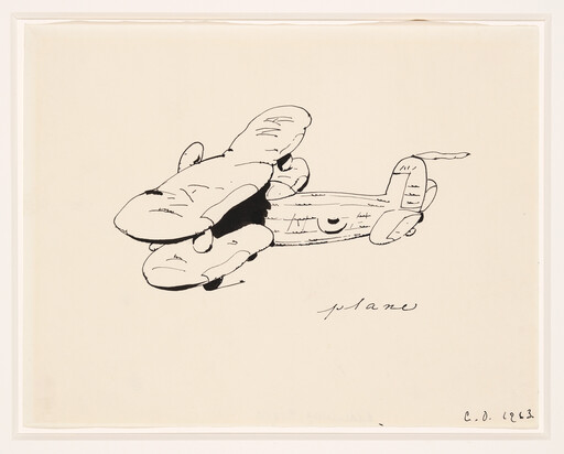 A simple black ink drawing of a rounded twin-wing airplane on cream paper.