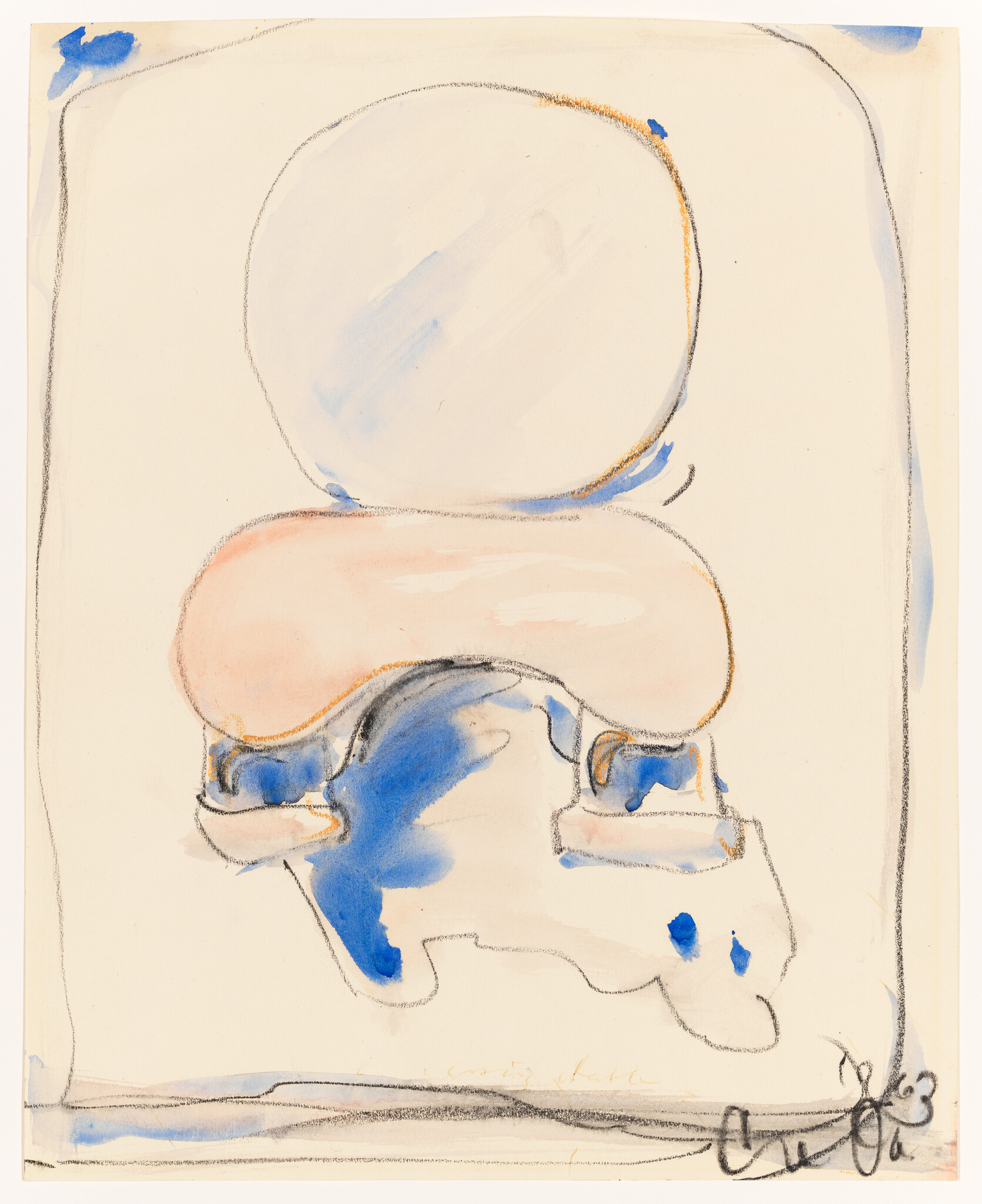 Abstract painting with circular shapes in blue and peach tones, signed in the bottom right corner.